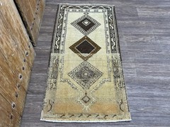 2×5 Beige Brown Vintage Medallion Small Turkish Runner, Hand-Knotted Wool Rug