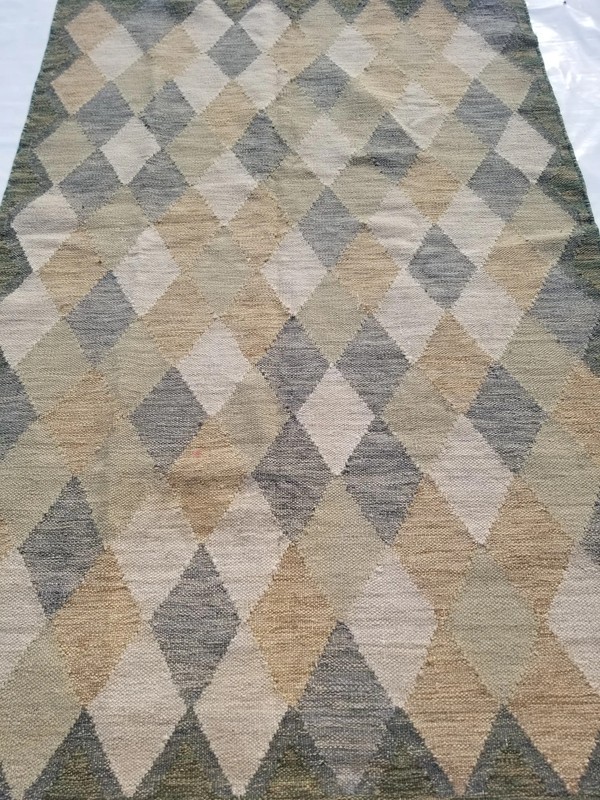 Vintage Handmade Traditional Geometric Beige Green Kilim Rug Carpet 232x151cm gallery