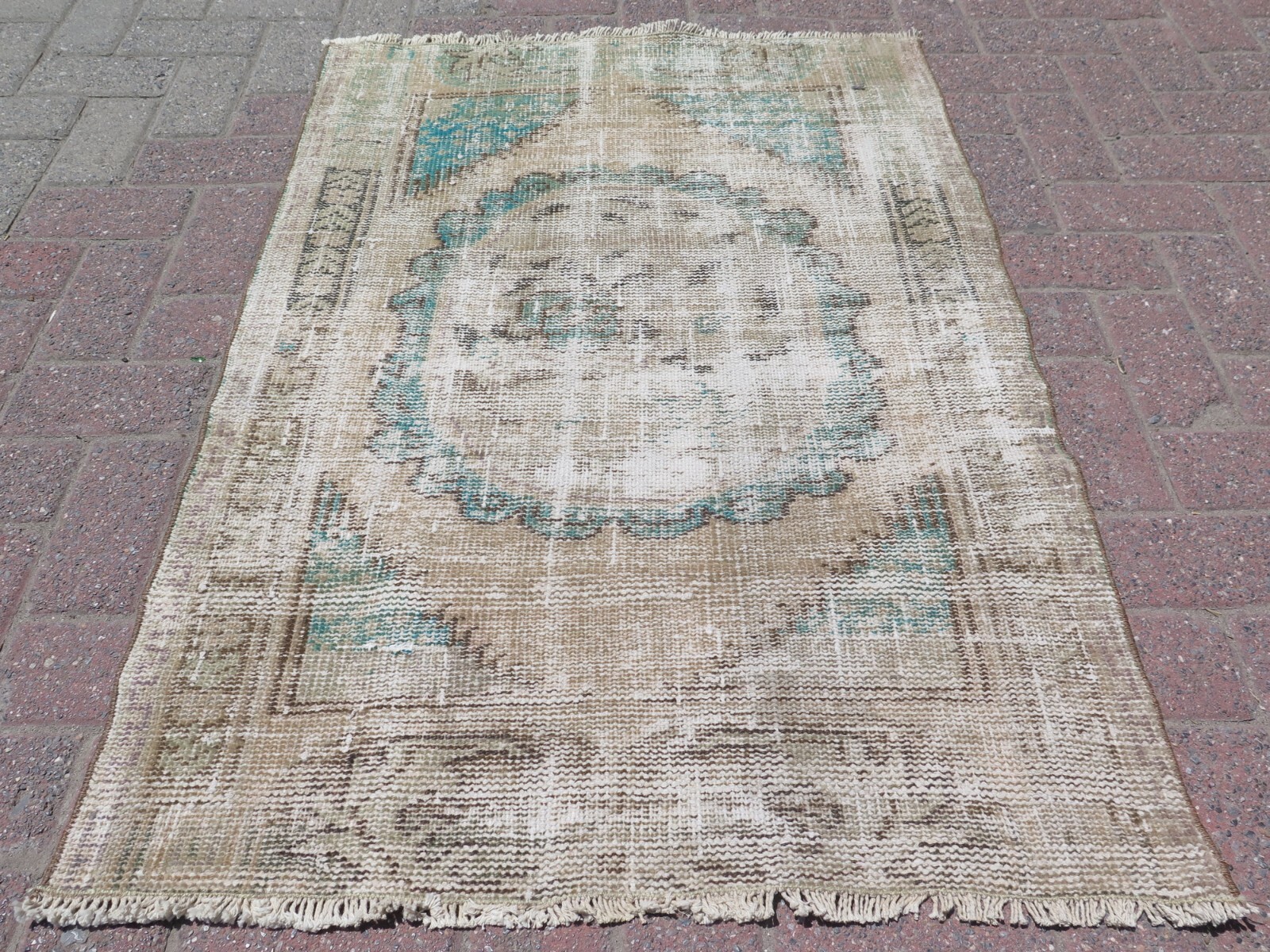 Small Vintage Turkish Distressed Carpet, Handwoven Beige Modern Door Mat 32"x46" gallery