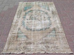 Small Vintage Turkish Distressed Carpet, Handwoven Beige Modern Door Mat 32″x46″