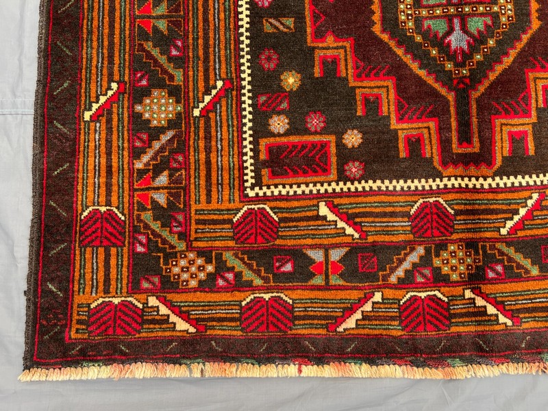 3'7x6'6 ft Vintage Afghan Baluchi Hand-Knotted Bold Geometric Red & Brown Rug gallery