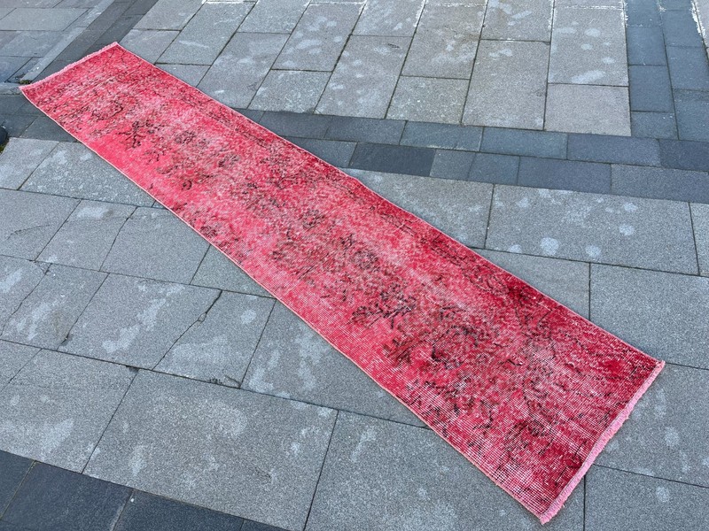 Overdyed 1.7x9.2 ft Vintage Turkish Runner Rug – Red Distressed Hallway gallery