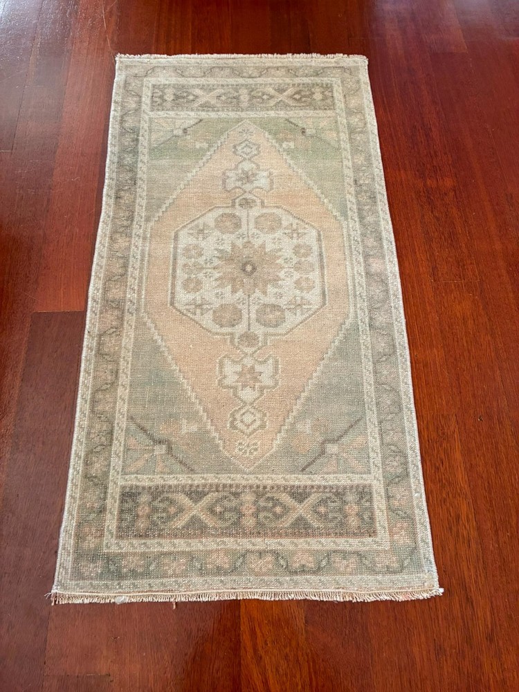 Muted Pink Green 2x4 Small Runner Wool Hand Knotted Vintage Turkish Oushak Rug