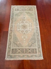 Muted Pink Green 2×4 Small Runner Wool Hand Knotted Vintage Turkish Oushak Rug