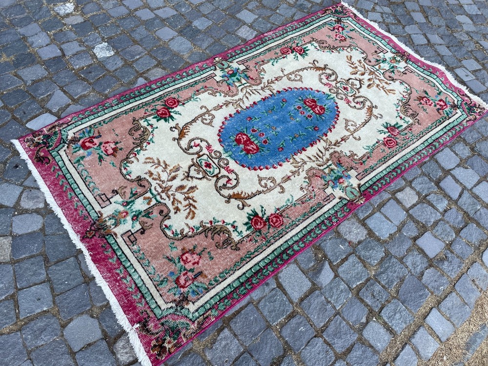 Bohemian Area Rug Handmade Wool Rug Turkish Vintage Traditional Rug 3,7 x 6,8 ft