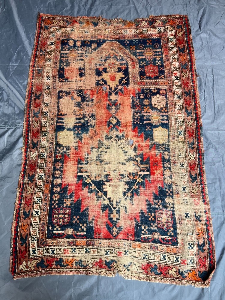 Antique Turkish Rug Hand Knotted Distressed low pile Wool Tribal Boho 3.5x5.2 FT
