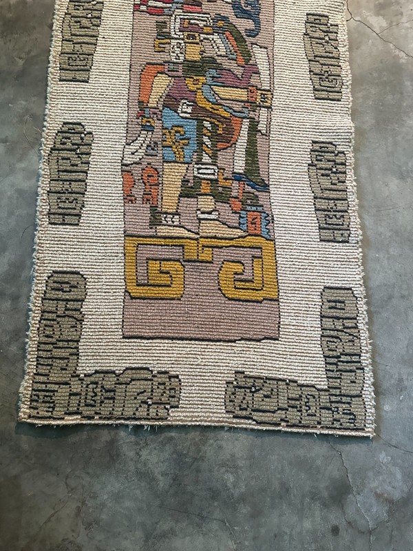 4' X 7' Vintage Mexican Zapotec hand-woven shag rug ,Aztec/Mesoamerican figure gallery