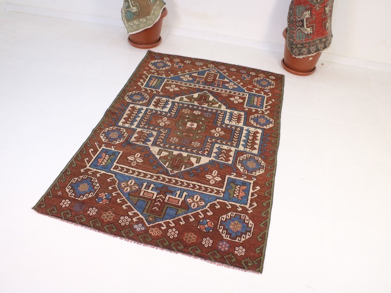 Vintage Turkish Area Rug 4x6 ft | Handmade Wool Red Blue Rug | 126x189 cm gallery