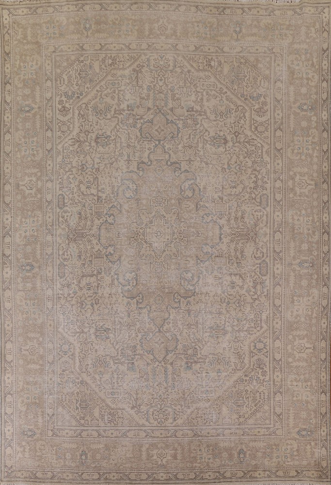 Distressed Traditional Area Rug 10x13 Ft Hand-Knotted Muted Beige Wool Carpet