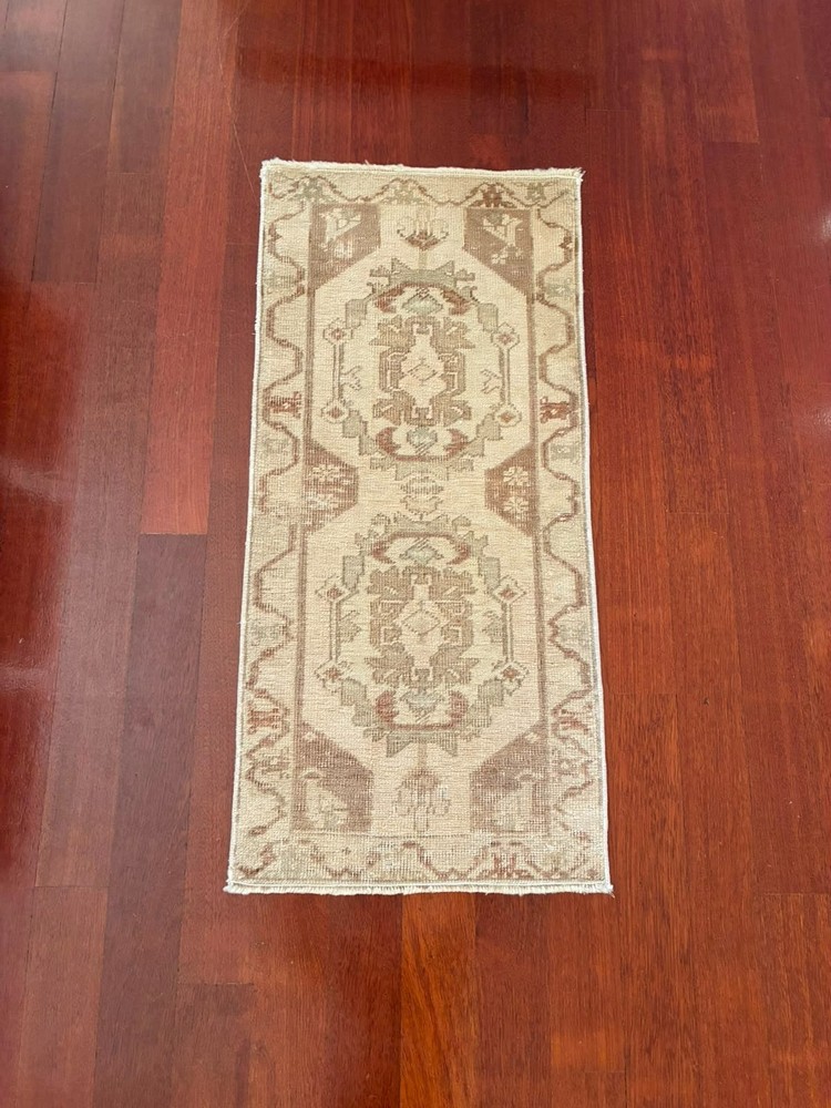 Earthy Wabi Sabi 2x3 Rug Muted Beige Cream Tan Hand Knotted Vintage Turkish Mat