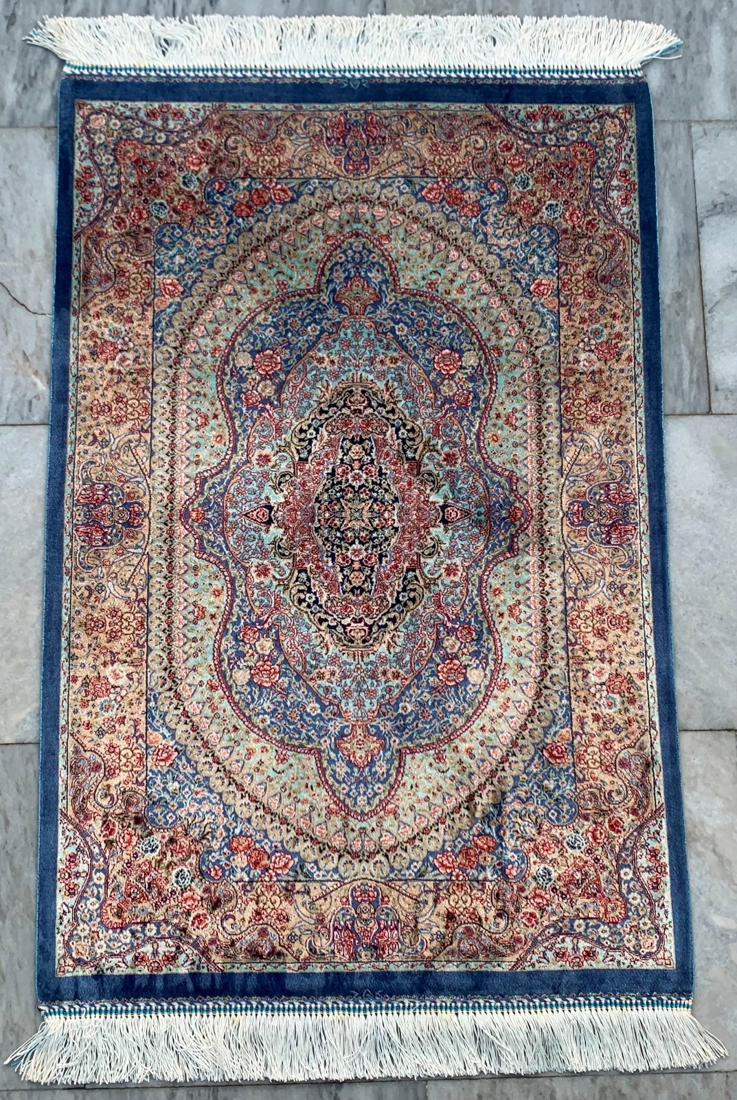 100% Silk Rug Mughal Art Pictorial Silk Rug Handmade Fringes and Borders 2x3 ft gallery