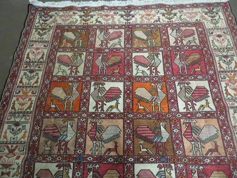 Semi Antique Russian Soumak Rug 4x6, Silk & Wool, Roosters, Panel Design, Rare gallery