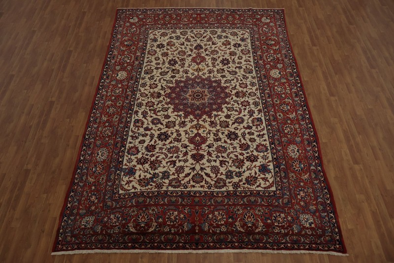 Traditional Vintage Area Rug 9x13 Hand-knotted Ivory Medallion Pattern Carpet gallery