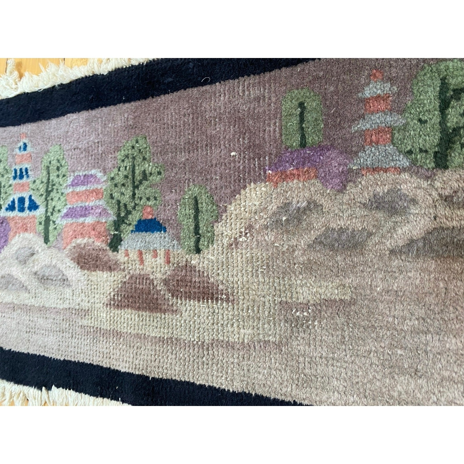 Vintage 1930s At Deco Asian Wool Rug Black, Tan, Pagoda, China gallery