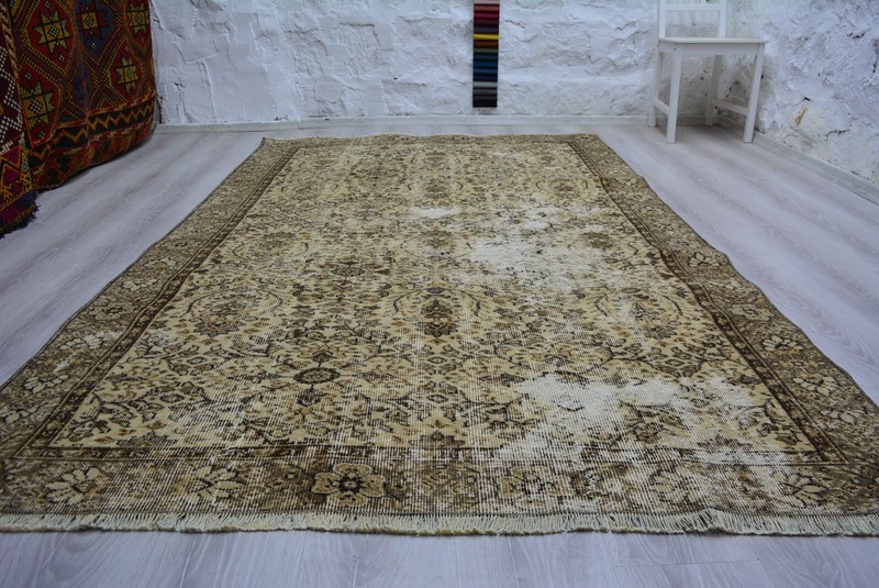 Brown Bordered Turkish Vintage Area Rug, 5.1x8.3ft, Antique Brown Handmade Rug, gallery
