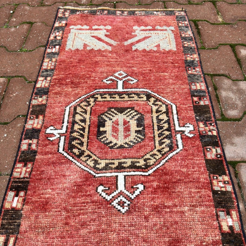 2x4 Rust Red Black Wool Vintage Turkish Geometric Handmade Kilim - Tariff Free gallery