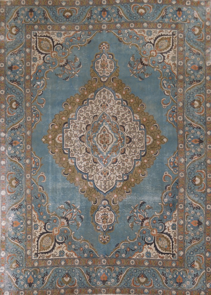 Vintage Blue Over-Dyed Tebriz Living Room Rug 8x13 Traditional Handmade Carpet