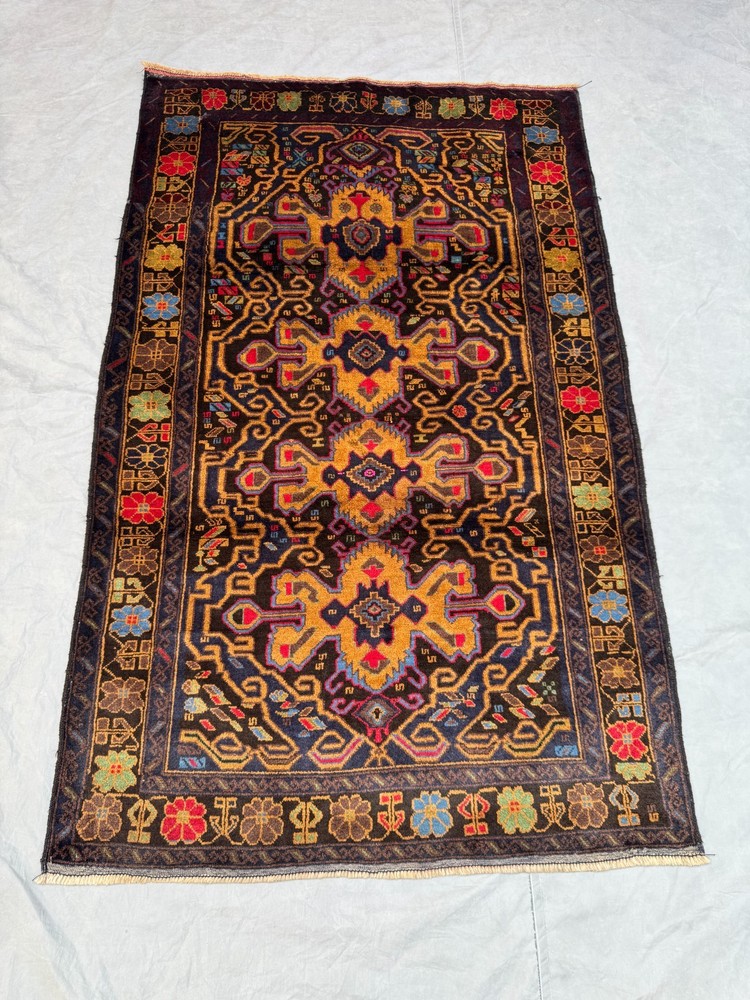 4x6'6 ft Vintage Afghan Baluchi Hand Knotted Wool Navy Gold Herati Field Rug