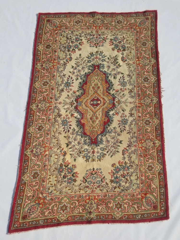 Vintage French Needle Point Handmade Floral Multicolor Wool Rug Carpet 143x92cm