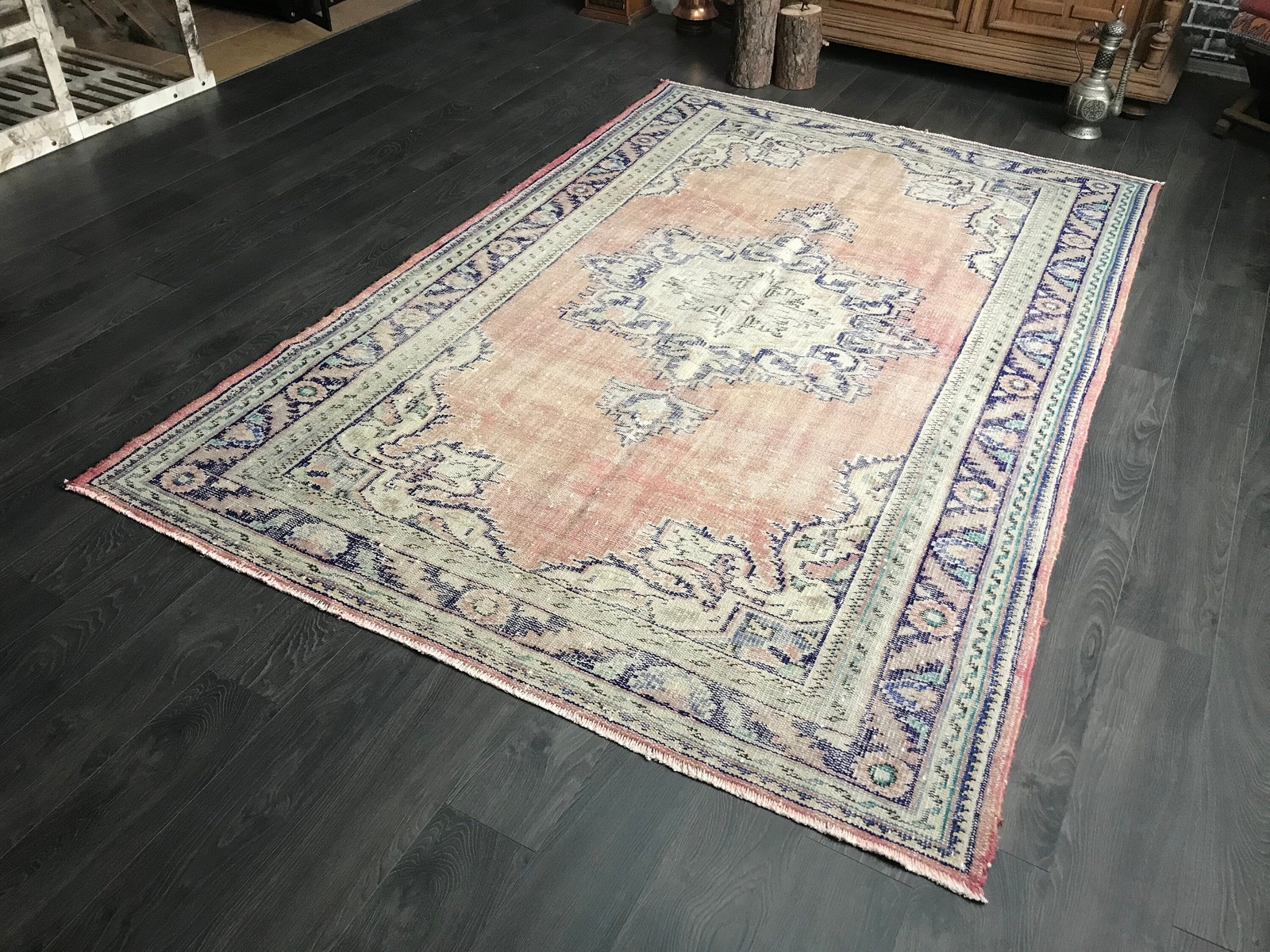 5.6x8.4 Large Vintage Orange Turkish Oushak Wool Rug gallery