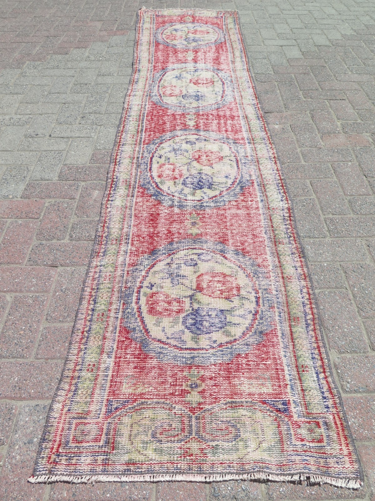 Long Floral Vintage Carpet Runner, Handwoven Distressed Multicolor Rug 26"x109" gallery