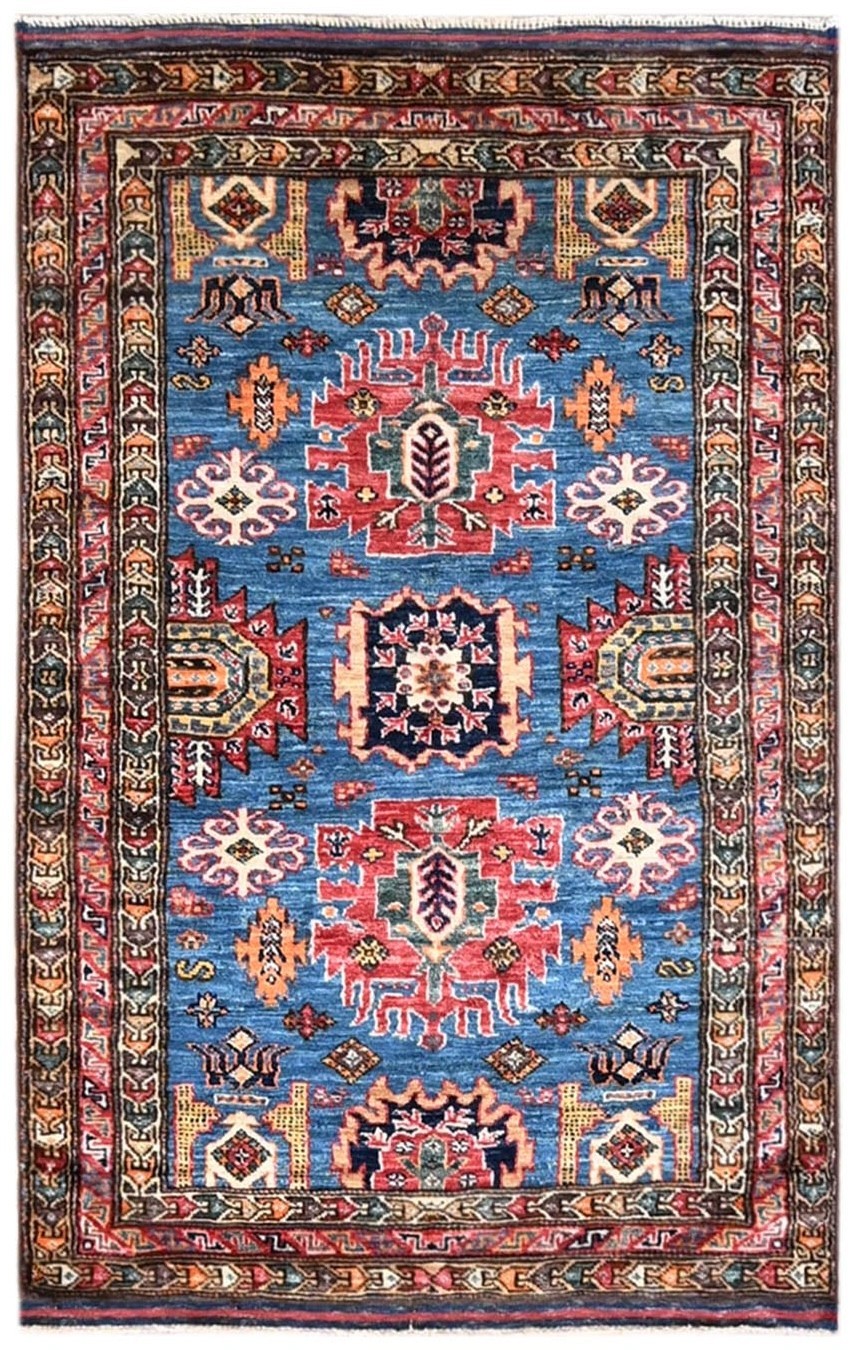 Bright Blue Fine Quality New Handmade Afghan Kazakh Accent Rug, 3'x5' gallery