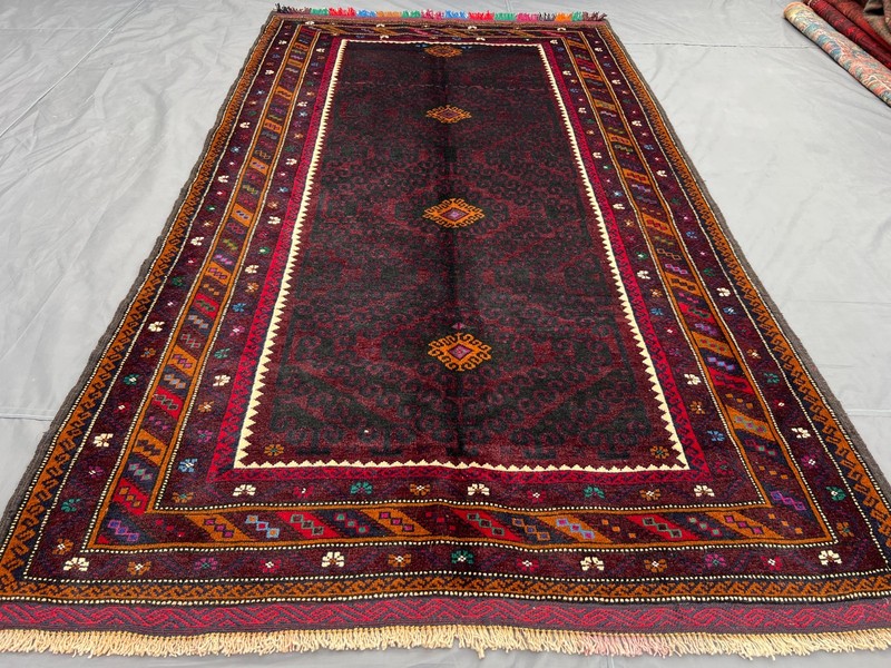 4'3x7'7 ft Vintage Afghan Hand-Knotted Red Geometric & Floral Tribal Design Rug gallery