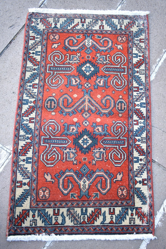 Fabulous Antique Caucasian Rug 21'' x 38'' Collectors Item Low Pile Worn Rug gallery