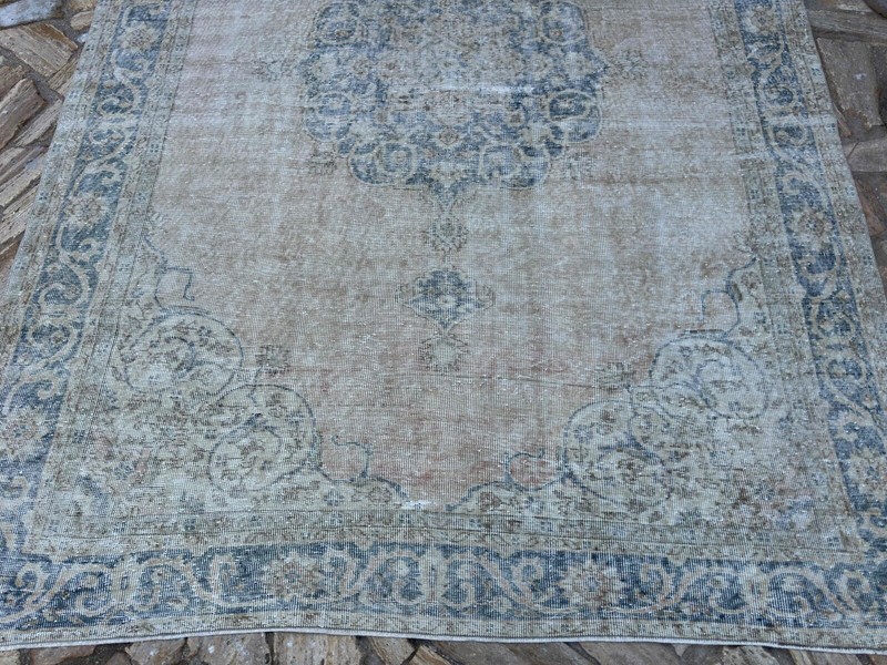 Hand-Woven Medallion Turkish Rug 7x10 Blue Large Wool Carpet Muted for Saloon gallery