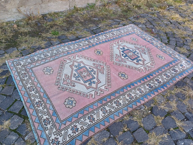Vintage pink blue Area Rug 4.04 x 6.23 ft , 4x6 Handmade Wool Rug 123 x 190 cm gallery