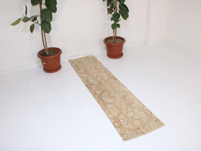 1.5 x 6.3 Feet Handmade Beige Brown Patchwork Turkish Runner Rug – 46 x 194 cm V gallery
