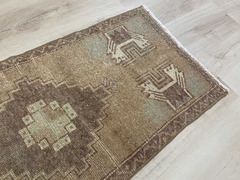 Vintage Turkish Rug Handmade Wool Brown Anatolian Runner Rug 1.5x2.8 Ft gallery