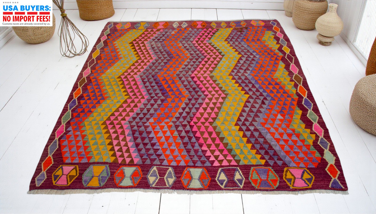 Vintage Turkish Rug Kilim – Handwoven Wool Rug Colorful Area Rug 5'7" x 6'1" gallery