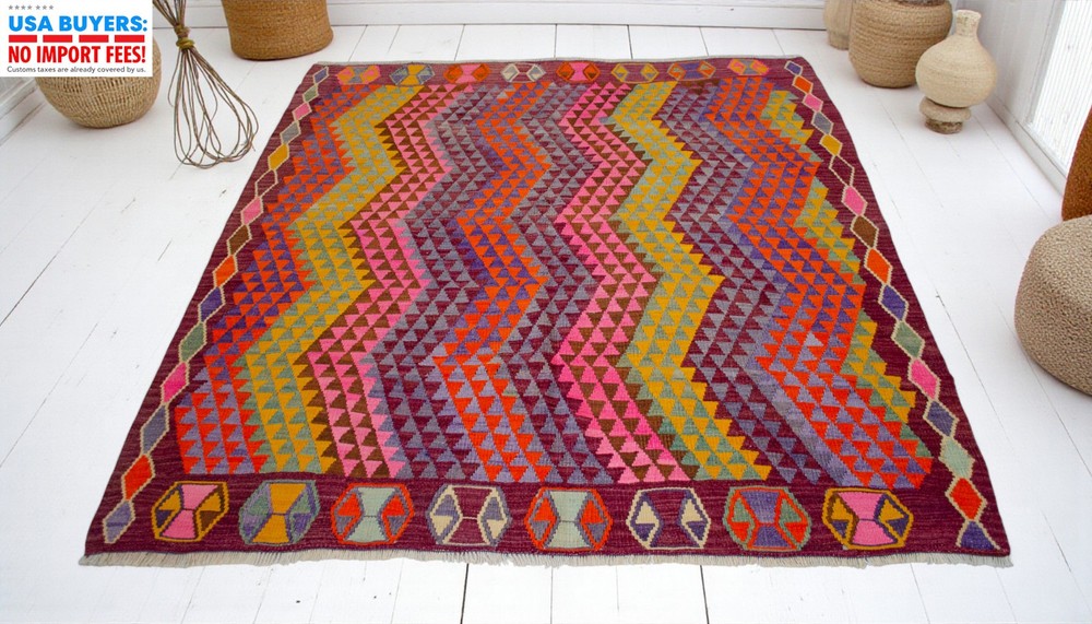 Vintage Turkish Rug Kilim – Handwoven Wool Rug Colorful Area Rug 5'7" x 6'1"