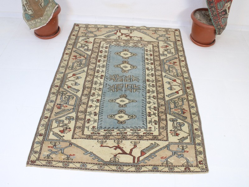 Vintage Turkish Wool Area Rug 4x6 ft | Handmade Wool Beige Blue Rug | 4x6 Ft gallery