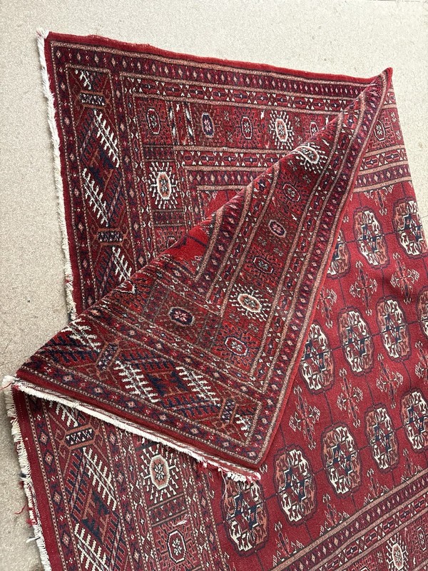 Vintage Hand Knotted Afghan Turkmen Rug 1.2x1.9m Red Wool Tribal Bukhara Carpet gallery