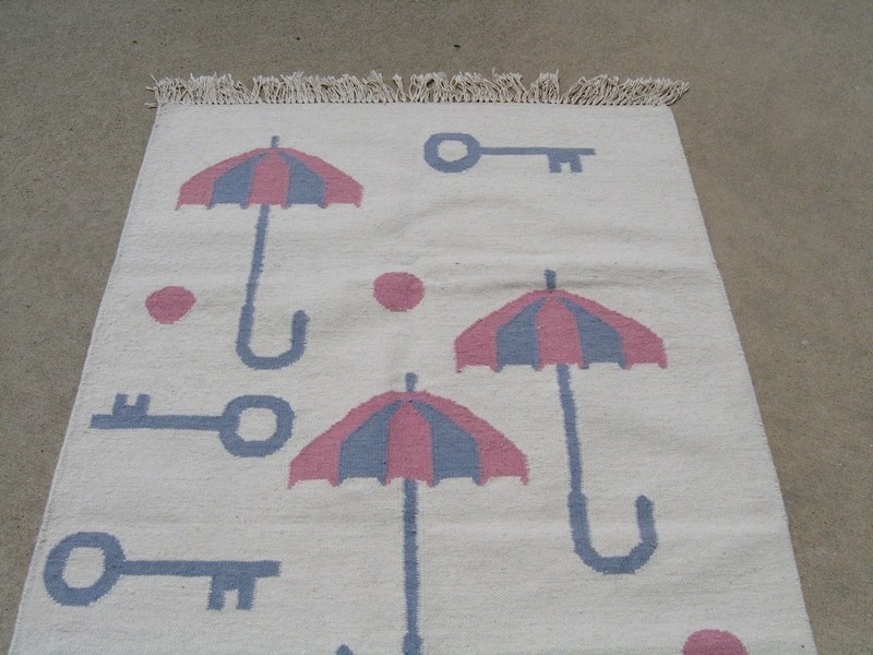 Vint Hand Woven Rug Kilim Flat weave Wool 3x5 LN Keys Pink Blue balls Umbrellas gallery