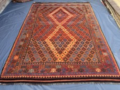 Vintage Afghan Kilim Rug, 8×11 Terracotta Faded Geometric Tribal Large Area Rug