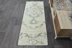 Vintage Turkish Runner Rug 2x5ft BEIGE Handmade Anatolian Oushak Hallway Wool