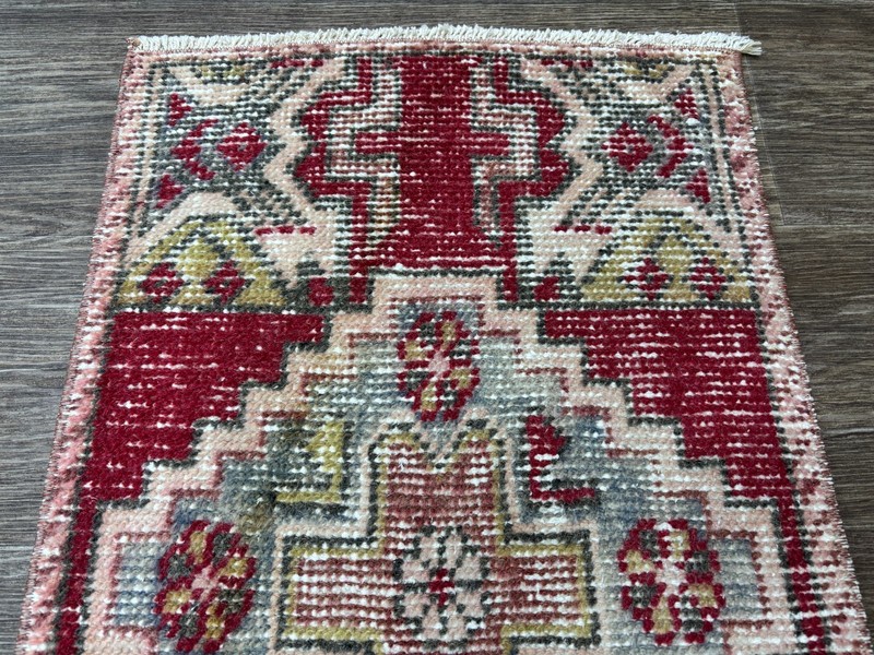 1x3 Vintage Red Tribal Turkish Door mat, Hand-Knotted Wool Rug, Bathroom Rug gallery