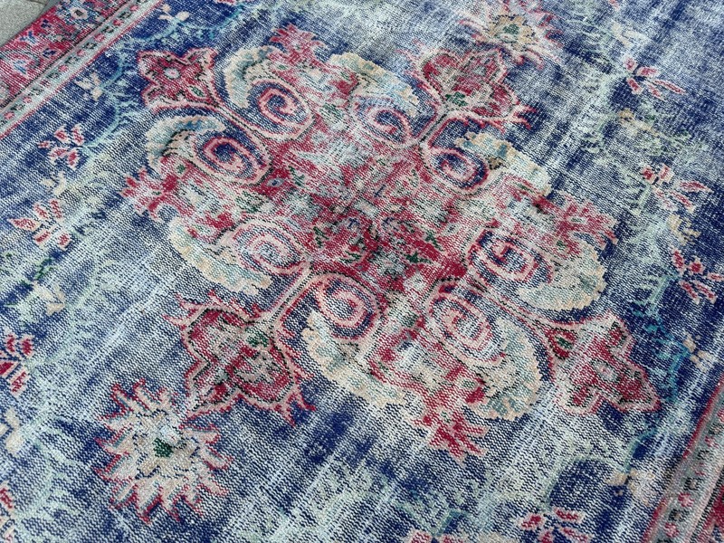 Vintage Oushak Rug 5.5x8.5 Ft Blue Turkish Wool Distressed Medallion Rug gallery