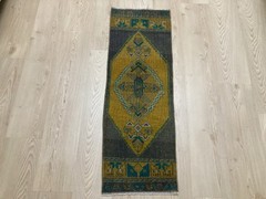 Yellow rug, Wool rug, Turkish rug, Vintage rug, Small rug, Doormat, 1.3 x 3.6 ft