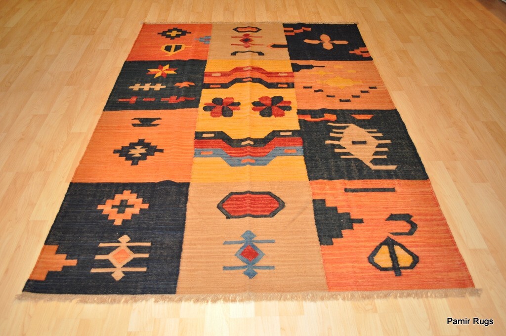 _HAND-MADE_SOUTHWESTERN STYLE Wool kilim rug 5' X 7' red and blue CAUCASIAN gallery