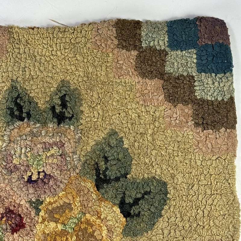 Antique Small Hand Hooked Rug Mat Pansies Floral 13.5" x 14" gallery