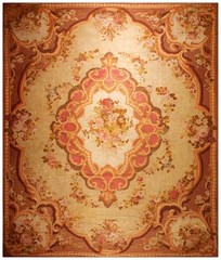13X15 Antique French Aubusson Beige Wool Area Rug 1850