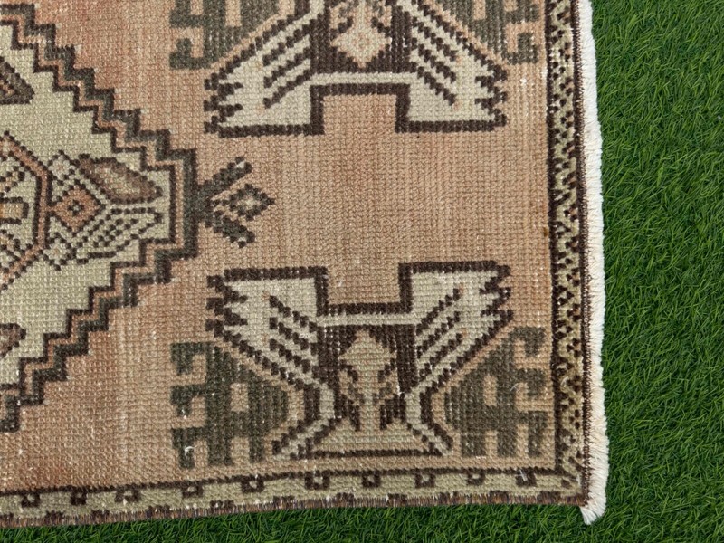 Hand-Woven Small Turkish Carpet 1x3 Pale Orange Wool Geometric Tiny Rug Muted gallery