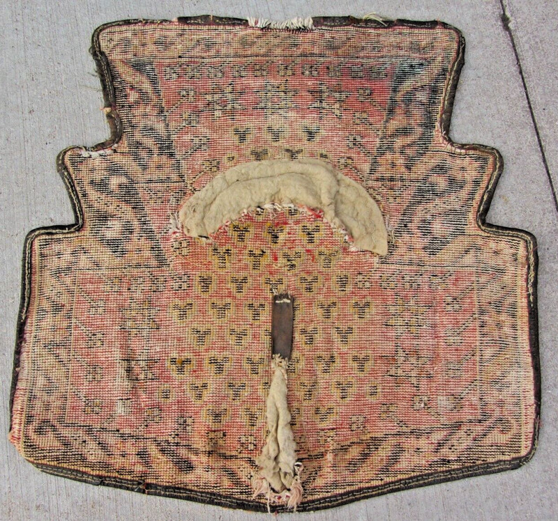 Turkmen Caucasian Saddle Rug Leather Fringe Hand Made Wool Antique 33" x 33" gallery