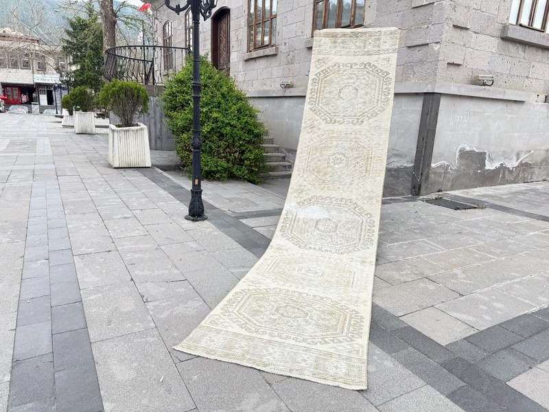 Vintage Turkish Oushak Runner Rug 2.7x12.4 ft Ivory Beige Hallway Wool gallery