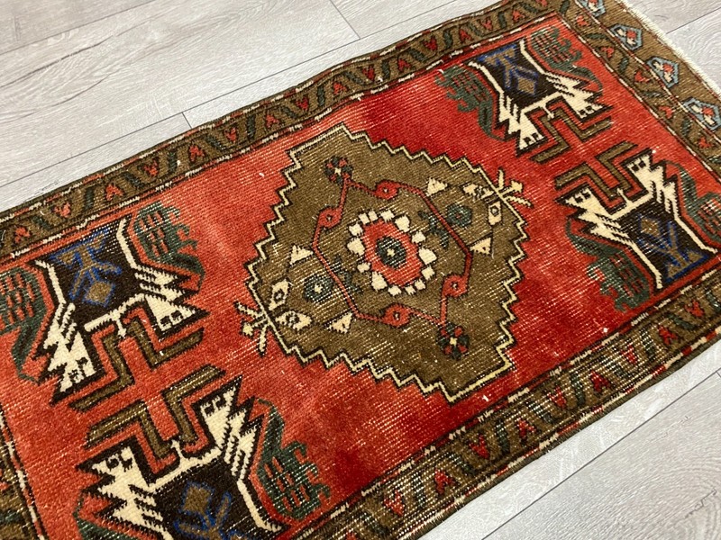 Vintage Turkish Tribal Rug 1.7x3.3 Ft Red Handwoven Anatolian Small Carpet gallery