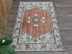 3×5 Orange Green Vintage Turkish Rug, Hand-Knotted Wool Rug, Small Oushak Rug